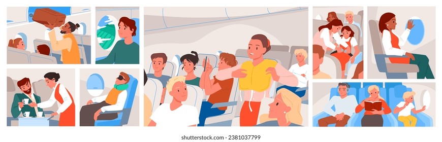 Die Passagiere reisen per Flugzeug, Vektorgrafik. Cartoon-Menschen sitzen in Sitzen im Kabineninnenraum des Flugzeugs, Blick aus Fenster oder Schlafen, Flugbegleiterin, die Getränke serviert, Vorstellung von Lebensvest