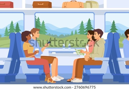 Passengers Travel by Train. People Sitting, Talking During Summer Journey with Mountains Outside. Tourists Are in Railway Trip. Flat Vector Illustration.