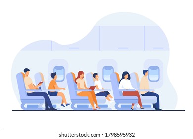 Passengers traveling by plane isolated flat vector illustration. Cartoon characters on airplane or aircraft board. Airline transportation, flight and tourism concept