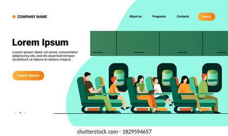 Passengers traveling by plane isolated flat vector illustration. Cartoon characters on airplane or aircraft board. Airline transportation, flight and tourism concept