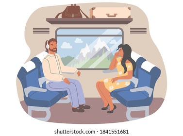 Passengers traveling by train, flat vector illustration. Tourists, happy male, female cartoon characters sitting in comfortable seats inside train. Public transport. Railroad travel, railway journey.