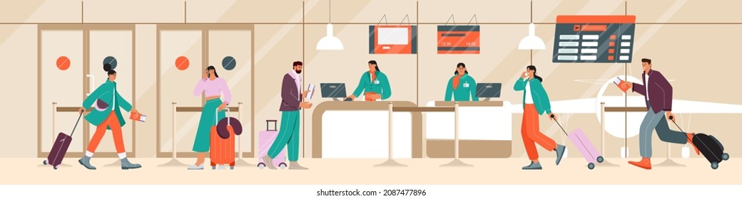 Passengers and travellers standing at the airport in queue in a hurry for check in and boarding at a desk. Vector illustration.