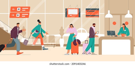 Passengers and travellers standing at the airport in queue in a hurry for check in and boarding at a desk. Vector illustration.