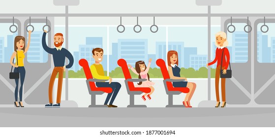 Passengers Travelling by Bus, People Using Public Urban Transport Cartoon Vector Illustration