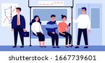 Passengers travelling by underground flat vector illustration. People sitting in metro wagon and using smartphone during trip. Man holding handrail. Public transport and city