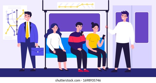 Passengers travelling by underground flat vector illustration. People sitting in metro wagon and using smartphone during trip. Man holding handrail. Public transport and city's subway train concept