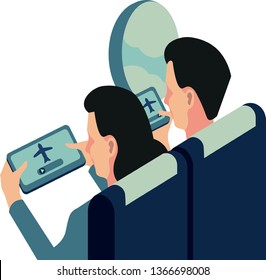 Passengers turn flight mode on in mobile and tablet. Man and woman using electronic devices in airplane board. Following plane rules and tips. Passenger safety rules. Flat cartoon vector illustration