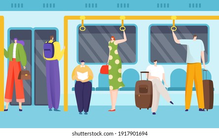 Pasajeros en metro, en tren, transporte público urbano, metro de alta velocidad, diseño de ilustración vectorial de estilo plano. Hombres y mujeres van al trabajo, bolsas de viaje, modernos interiores de carruaje.
