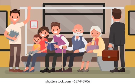 Passengers of the underground. People and public transport. Vector illustration in a flat style