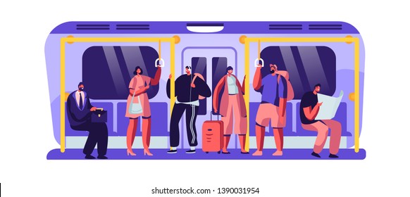 Passengers in Underground Using Urban Public Transport Metro. Tourists and Native Citizens Characters Inside Underpass Transportation. People Going by Subway Train at Work. Flat Vector Illustration