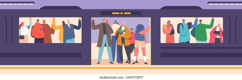 Passengers in Underground Using Urban Public Transport Metro. Tourists and Native Citizens Characters Inside Underpass Transportation. People Crowd Riding Subway Train. Cartoon Vector Illustration