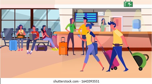 Passengers waiting boarding at check in desk. Tourists with luggage walking, sitting in airport flat vector illustration. Travel by plane, flight concept for banner, website design or landing web page
