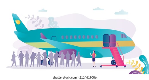 Passengers Waiting For Boarding Near Airplane. Flight Attendant Controls Queue When Boarding Plane. Departure Time Of Aircraft From Airport. People Go On Journey Or Business Trip. Vector Illustration