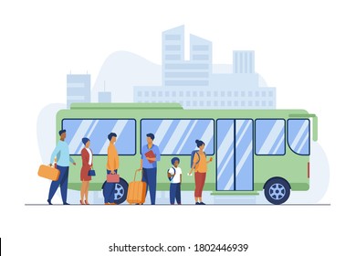 Pasajeros esperando el autobús en la ciudad. Ilustración vectorial de cola, ciudad, calle plana. Concepto de transporte público y estilo de vida urbano para banners, diseño de sitios web o página web de aterrizaje