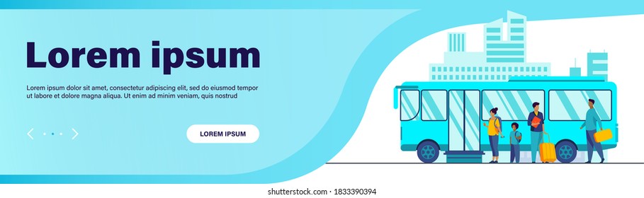 Passengers waiting for bus in city. Queue, town, road flat vector illustration. Public transport and urban lifestyle concept for banner, website design or landing web page