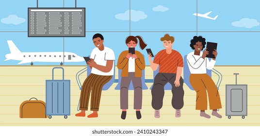 Pasajeros esperando el vuelo. Caricatura divertida gente sentada en la sala de espera del aeropuerto, personajes de viajeros con equipaje y teléfonos. conjunto de vector.eps
