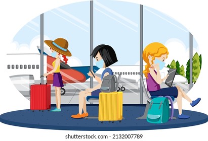 Passengers waiting at a gate to board in cartoon style illustration