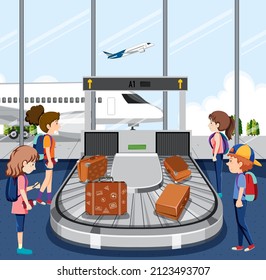 Passengers waiting luggage conveyor belt at airport illustration