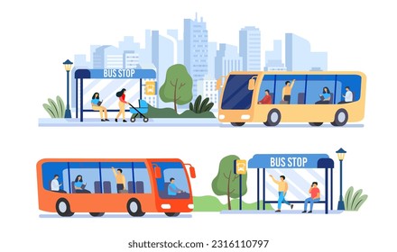 Passengers waiting for public bus in city. Flat illustration. Cartoon Transportation