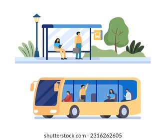 Pasajeros esperando el autobús público en la ciudad. Ilustración plana. Transporte de dibujos animados