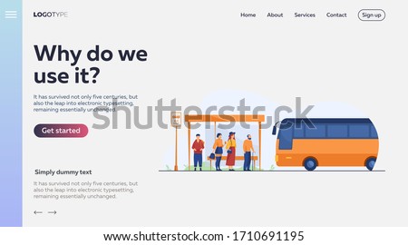 Passengers waiting for public transport at bus stop flat vector illustration. Cartoon characters using auto. Transportation and conveyance concept.
