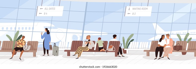 Passengers at waiting room in international airport. Modern air terminal interior with window and seats. Colored flat cartoon vector illustration of people sitting in chairs in lounge area