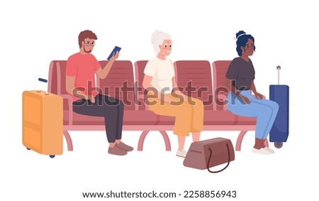 Passengers waiting for train and bus in waiting room semi flat color vector characters. Editable figures. Full body people on white. Simple cartoon style illustration for web graphic design, animation