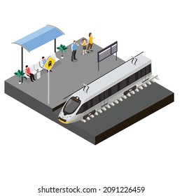 Passengers waiting for a train isometric 3d vector concept for banner, website, illustration, landing page, flyer, etc.