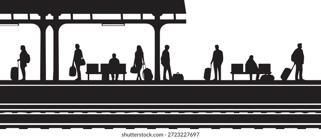 Passageiros Esperando na Silhueta da Plataforma da Estação Ferroviária