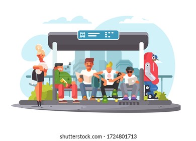 Passengers waiting for transport at bus stop vector illustration. Information on transportation flat style. Public transport and urban landscape concept. Isolated on white background