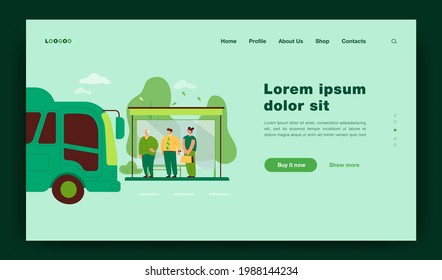 Passengers waiting for transport at bus stop. Students, businessman with suitcase and senior man standing at bus station, bus driving. Illustration for public transport, transportation concept