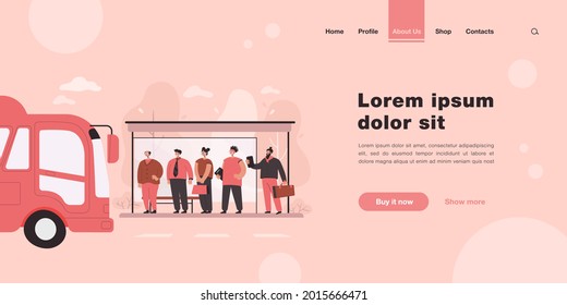 Passengers waiting for transport at bus stop. Students, businessman with suitcase and senior man standing at bus station, bus driving. Illustration for public transport, transportation concept