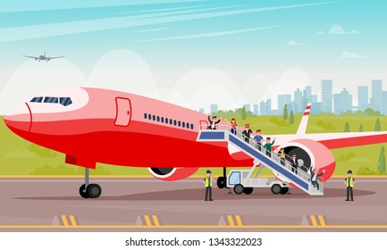 Passengers Walk Down Stairs Flat Illustration. Vector Background Buildings Big City. Men and Women in Casual Wear Rejoice Successful Landing and get Off Stairs from Large Red Plane.