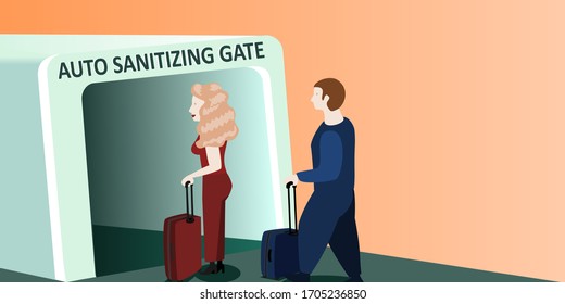 The passengers walked into Auto sanitizing gate. corona.vector illustration.website,page,Application,