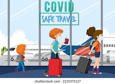 Passengers walking in airport with covid safe travel banner design illustration
