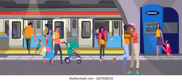 Passengers walking on subway station. People, train, railway flat vector illustration. Tube, transportation, city transport concept for banner, website design or landing web page