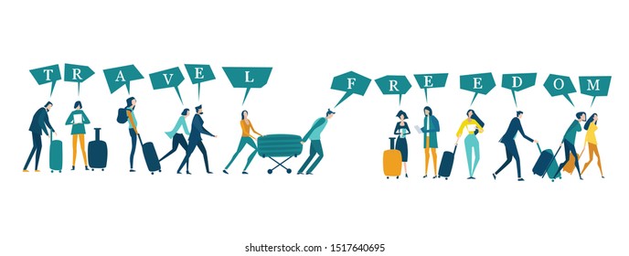 Passengers walking though terminal. People in airport, train station getting ready to depart, Travelling concept illustration.