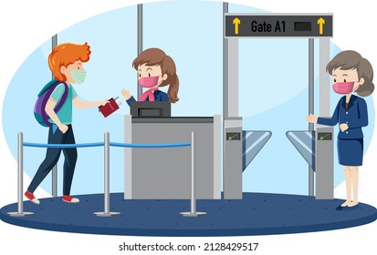 Pasajeros caminando por la ilustración de control de pasaportes