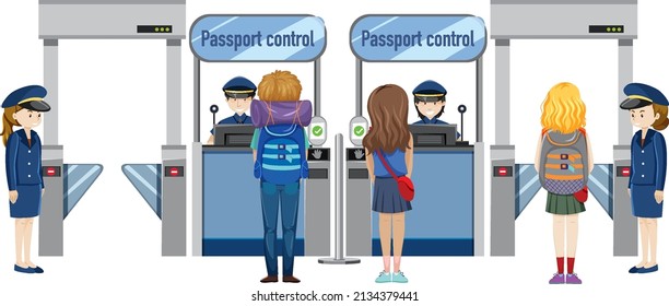 Passengers walking through passport control illustration
