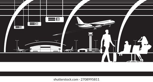 Pasajeros observan el despegue de un avión desde la terminal aeroportuaria - Ilustración vectorial