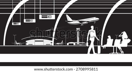Passengers watch a plane take off from the airport terminal - vector illustration