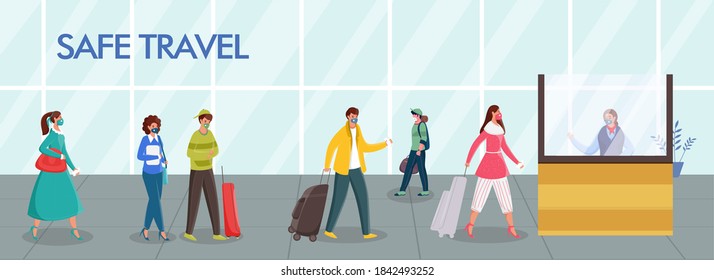 Passengers Wear Protective Masks with Maintain Social Distance in Front of Reception Counter During Coronavirus Pandemic for Safe Travel. Header or Banner Design.