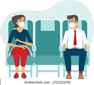 Passengers wearing protective medical masks travel by airplane. New seating regulations on flights. Travel during coronavirus COVID-19 disease outbreak. vector illustration