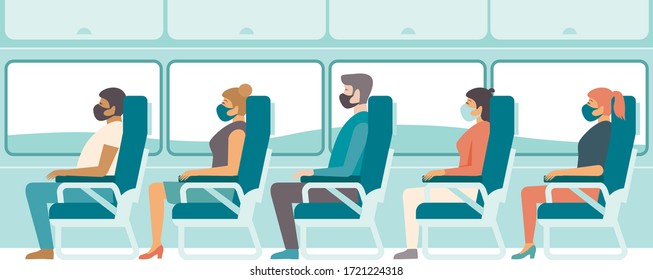 Passengers wearing protective medical masks travelling by bus or train. Travel during coronavirus COVID-19 disease outbreak. Concept flat vector illustration