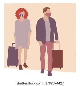 Passengers wearing protective medical masks. Travelling people with stylish medical masks. Travel during coronavirus COVID-19 disease outbreak. Concept flat vector illustration. EPS 10.