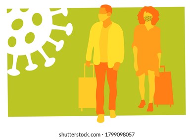 Passengers wearing protective medical masks. Travelling people with stylish medical masks. Travel during coronavirus COVID-19 disease outbreak. Concept flat vector illustration. EPS 10.