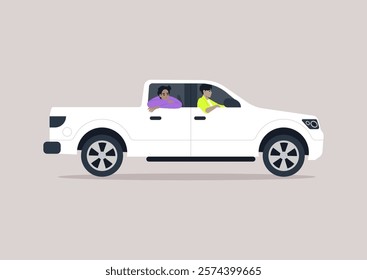 Passengers in a white pickup truck relax with elbows resting on the windows, soaking up the sun and enjoying each other's company during a fun outing on a warm day