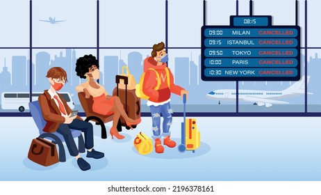 Passengers who use medical masks Stand waiting for their flight in airport. Cartoon passenger vector illustration.