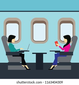 Passengers working on an airplane in business class cabin. Vector illustration