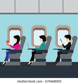 Passengers working on an airplane in business class cabin. Vector illustration